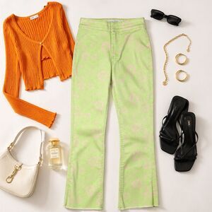Zara 70's Retro Lime Green Mod Floral Print Flare Jeans